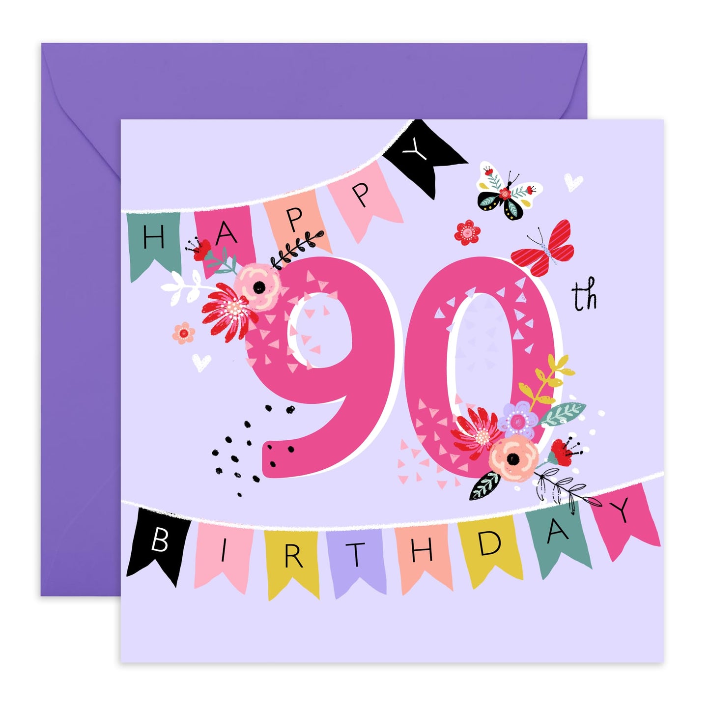 90th Birthday Card For Grandma - Pink Purple Floral - Pretty Birthday Greeting Cards For Ninety Year Old Women - Nan Birthday Card - Gifts For Mum Wife Her - Comes With Stickers By Central 23