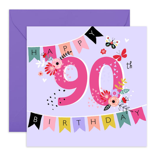 90th Birthday Card For Grandma - Pink Purple Floral - Pretty Birthday Greeting Cards For Ninety Year Old Women - Nan Birthday Card - Gifts For Mum Wife Her - Comes With Stickers By Central 23