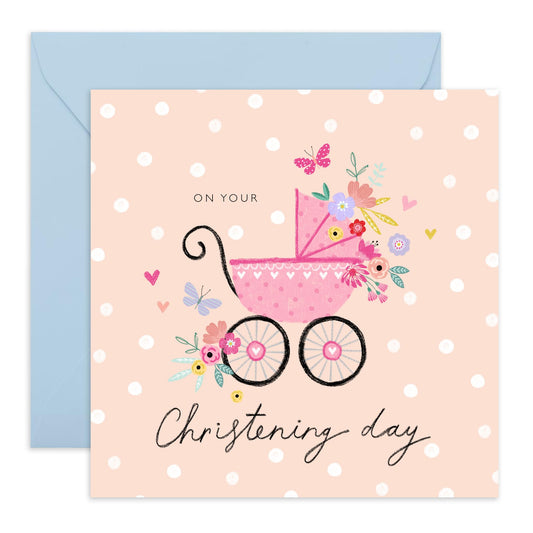 Dedication Day For Baby Girl - On Your Christening Floral Pram - Baptismal Card Baby - Christening Card For Niece - Baptism Granddaughter - Gift From Aunt Uncle - Comes With Fun Stickers By Central 23