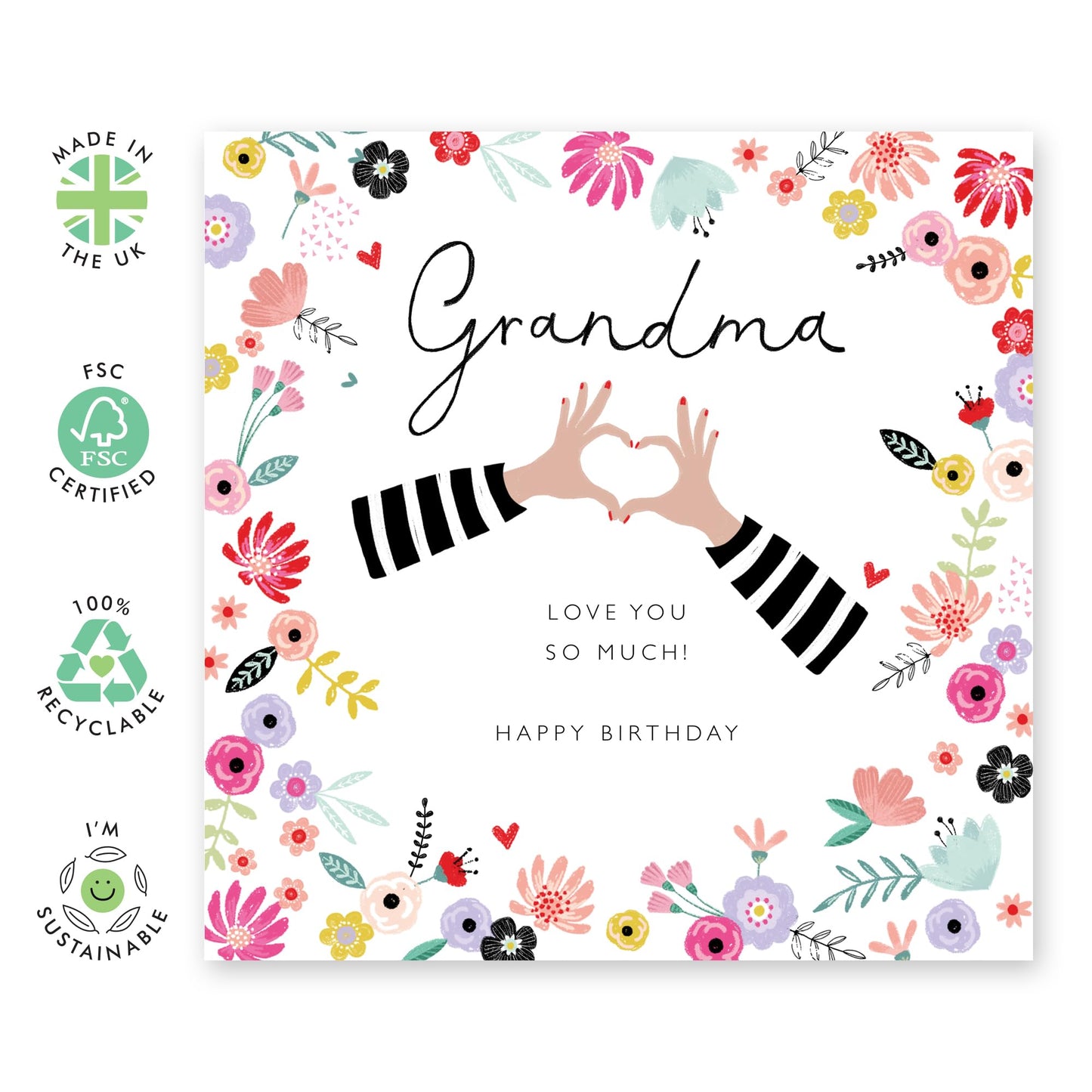 Grandma Birthday Card - I Love You Card - Pretty Greeting Cards For Grandmother - Flowers Hand Hearts - Nana Birthday Card For Her - Gifts For Women - Comes With Stickers By Central 23