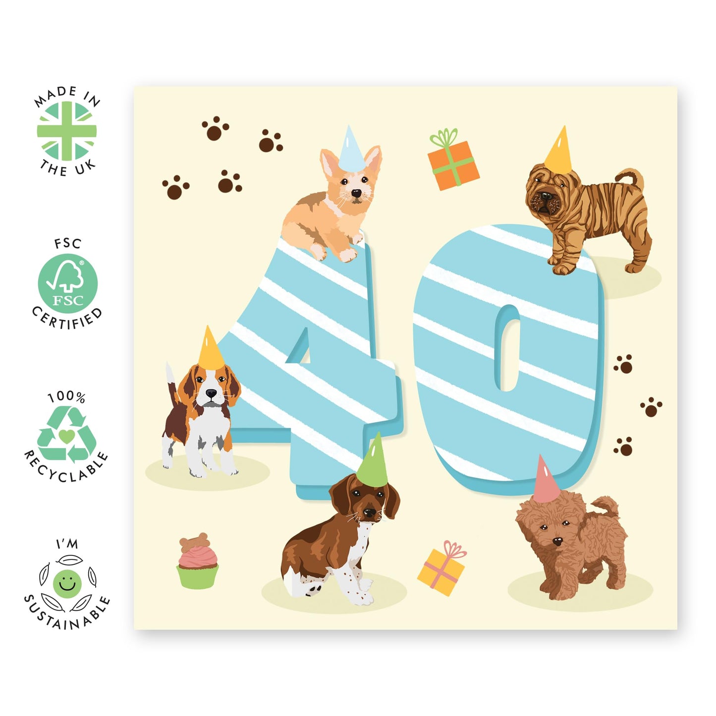 40th Birthday Card For Men - Puppy Birthday Age 40 - Puppy Birthday Card - Husband - Dad - Brother - Happy Fortieth Birthday Greeting Card Male Friends - Comes With Fun Stickers - By Central 23