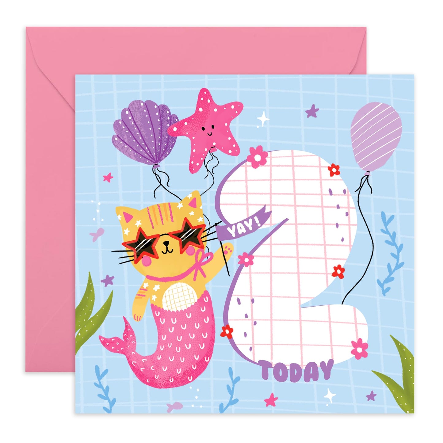 2nd Birthday Card - Mermaid Cat - Cute Happy Birthday Card For Girls Age Two - Kids Birthday Cards Second Bday - Gifts For Daughter Niece Granddaughter - Comes With Stickers By Central 23