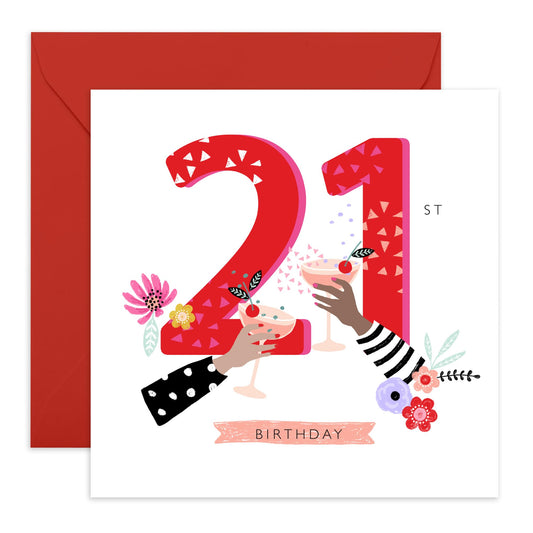 21st Birthday Card For Her - 21st Cherry Cocktails - Floral Birthday Card - Women Sister - Happy Twenty-first Birthday Card - Daughter Niece - Friend - Comes With Fun Stickers By Central 23