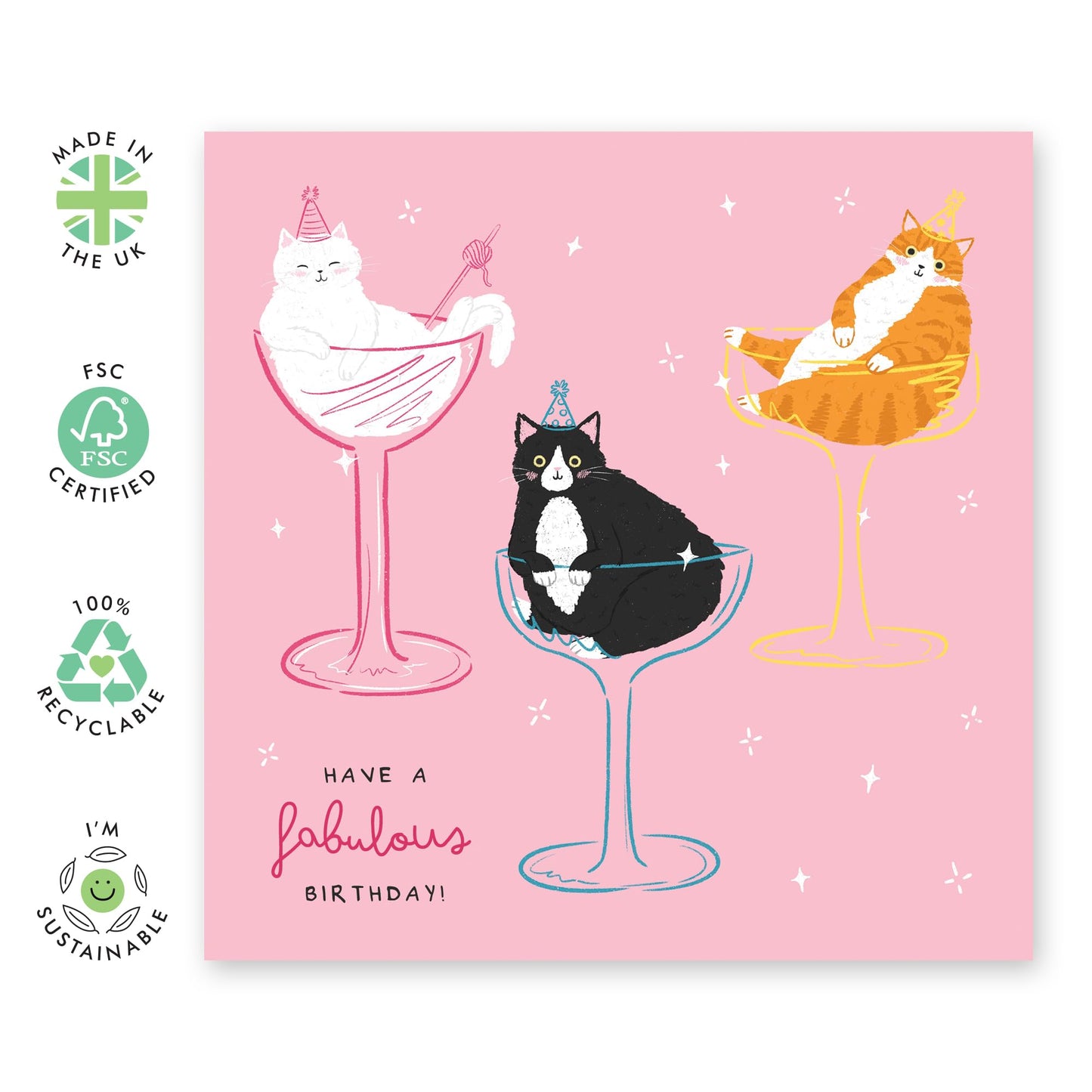 Cute Birthday Card – "Cocktail Cats" – Greeting Card for Fur Mums, Dads, Animal and Pet Lovers, Friends, Family, Colleagues- Adorable & Fabulous- Comes with Fun Stickers