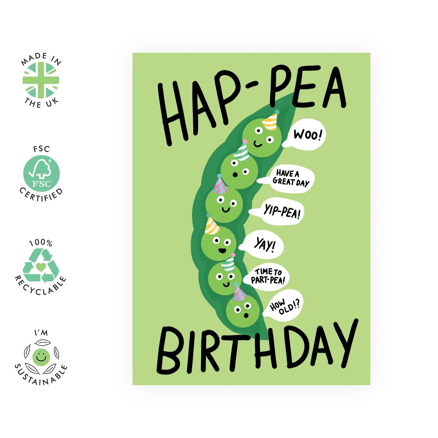 Birthday Cards For Men - Hap-pea Birthday - Pun Humour Joke - Funny Birthday Card For Women - Gifts For Friends Brother Sister - Comes With Stickers - By Central 23