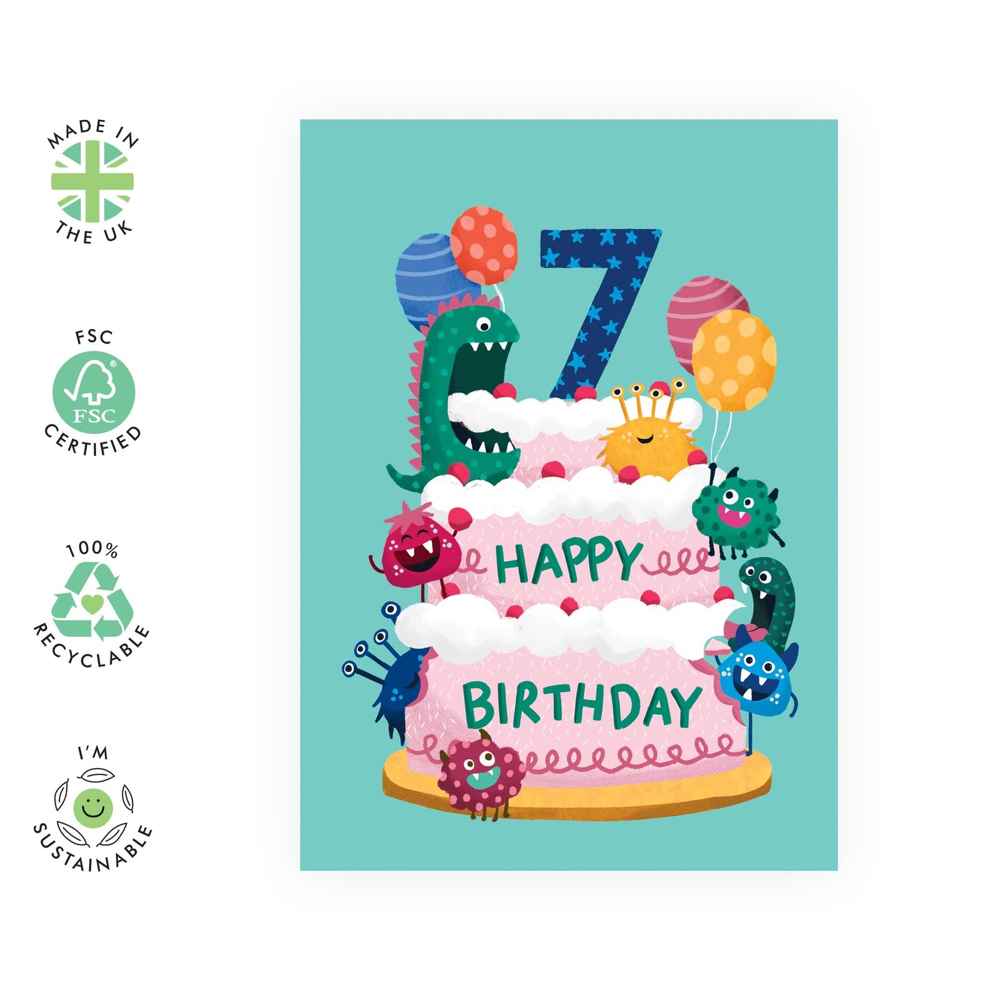 Birthday Card 7 Year Old Girl Boy - Monster Age 7 - Happy Birthday Card For Kids - Seventh Bday Milestone Gifts For Son Daughter Nephew Niece Grandson - Age Seven - Comes With Stickers By Central 23