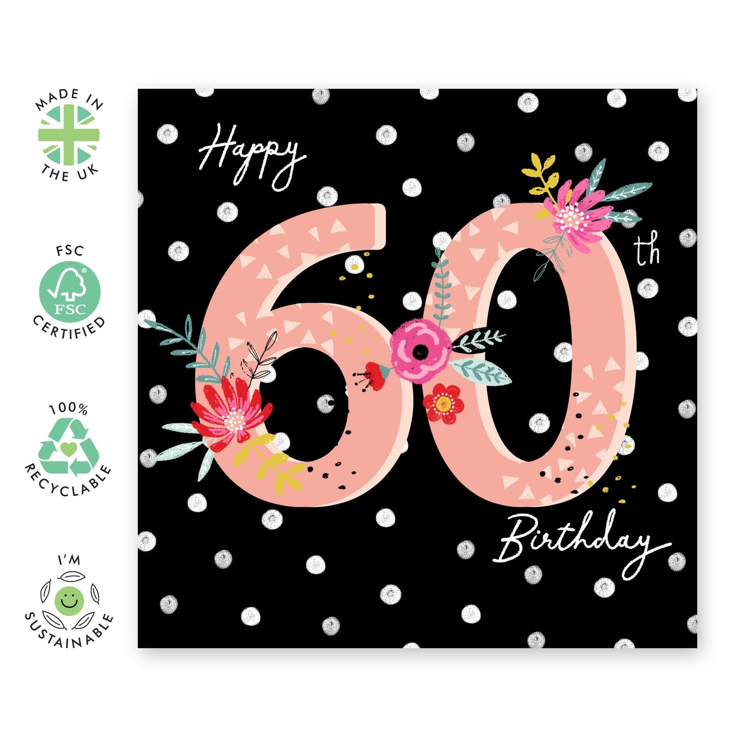 Happy 60th Birthday Cards For Women - Sixty Year Old Gifts For Mum Wife Friends - Nan Birthday Card - Black Polka Dots Floral - Elegant Milestone Cards - Comes With Stickers By Central 23