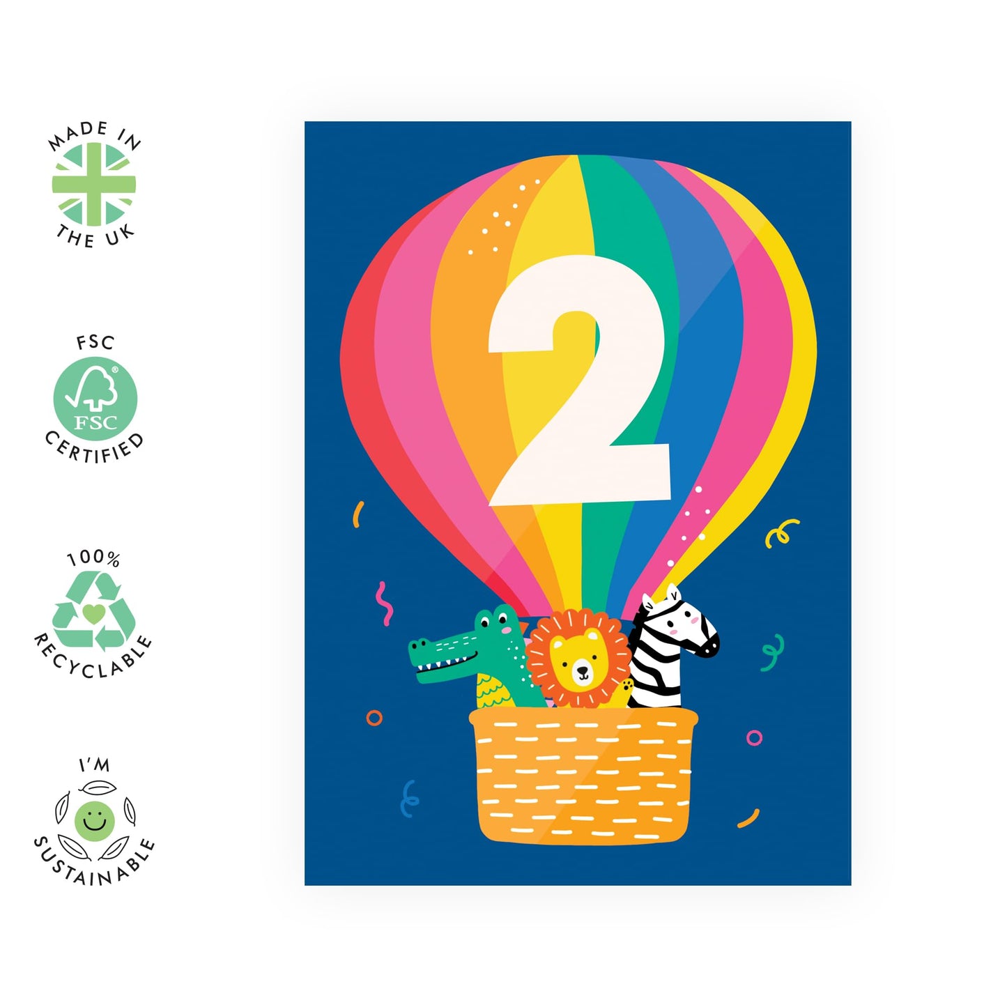 2nd Birthday Card For Kids - Hot Air Balloon - Alligator Lion Zebra - Safari Birthday Cards For Boys And Girls - 2 Years Old - For Son Or Daughter - Comes With Stickers - By Central 23