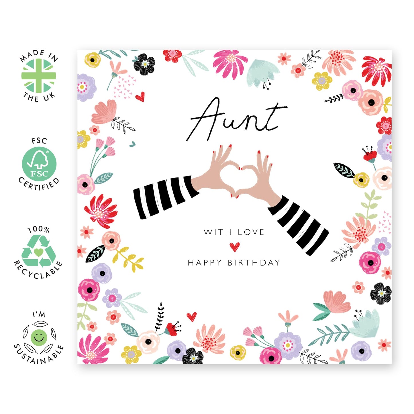 Thank You Card For Aunt - Aunt Floral Heart Hands - Gifts From Niece Nephew - Pretty Greeting Card For Auntie - Greeting Cards For Her - Gift Card For Woman - Comes With Fun Stickers - By Central 23