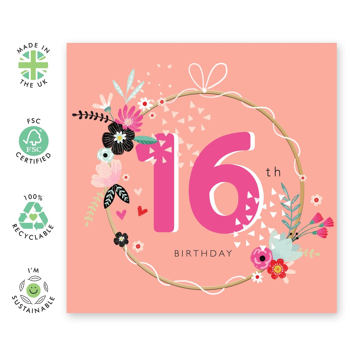 Sixteen Birthday Cards For Kids - Pink 16th Birthday Wreath - Happy Birthday Card For Daughter Granddaughter Niece - Bday Card - Girl Birthday Card 16th Year Old - Comes With Stickers By Central 23