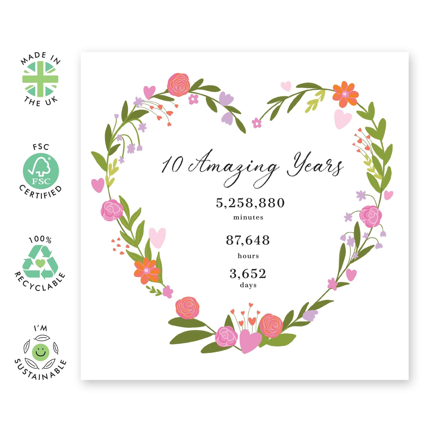 Anniversary Greeting Card - '10 YEARS 5,258,880 MINS' - Perfect for Celebrating a Milestone - Ideal for Showing Love Appreciation and Reflection to Your Special Day - Comes With Stickers By Central 23