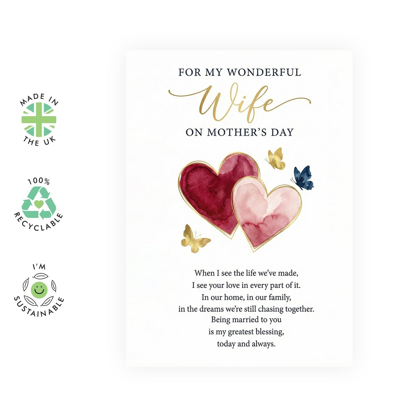 Wife Mother’s Day Card – Romantic Hearts Design for Her Mums Women Ladies Spouse Partner Babe From Husband Partner – Sentimental Keepsake Greeting - Appreciation -Comes with Sweet Stickers