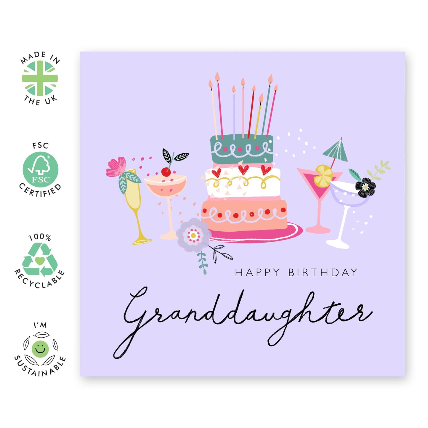 Purple Birthday Cards For Granddaughter - Birthday Cake And Cocktails - Granddaughter Birthday Cards For Her Women Teens - Granddaughter Gifts - Comes With Fun Stickers By Central 23