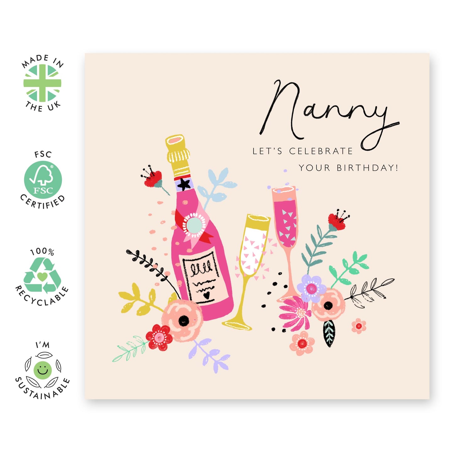 Happy Birthday Cards For Nanny - Champagne Celebration - Floral Grandma Gifts Presents For Her - Greeting Cards For Women Nana Grandmother - Comes With Fun Stickers - By Central 23