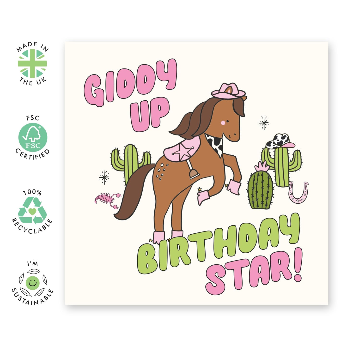 Giddy Up Birthday Card - Fun Birthday Greeting for Him, Her, Kids, Friends, and Loved Ones- Cute Horse & Western Cactus Design – Comes with Fun Stickers