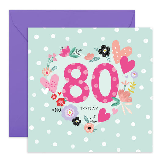 80th Birthday Card For Women - 80th Floral Heart - Grandmother Birthday Greeting Card - Floral Birthday Card - Happy Eightieth Birthday Card Grandma - Comes With Fun Stickers By Central 23