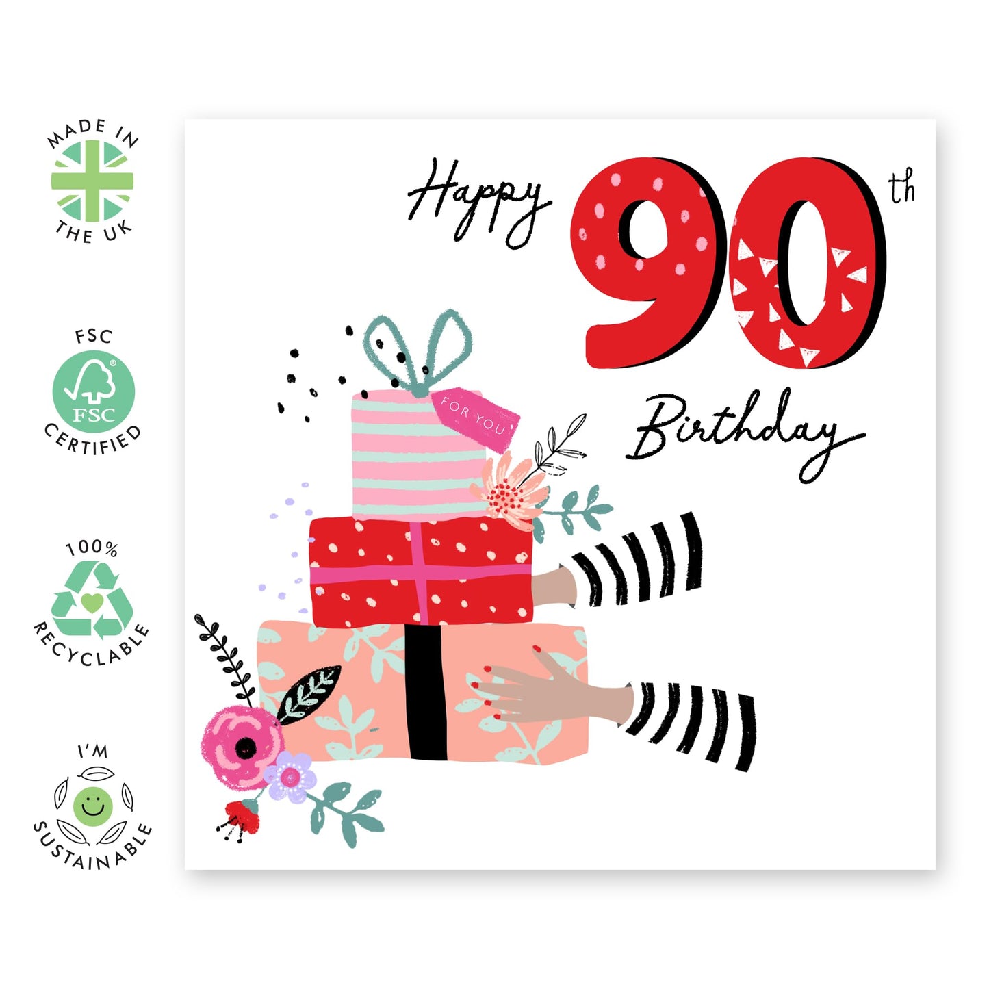 Happy 90th Birthday Card For Her - Floral Gifts Presents - Elegant Nan Birthday Card Age Ninety - Trendy Milestone Cards - Gifts For Women Wife Grandma Sister - Comes With Cute Stickers By Central 23