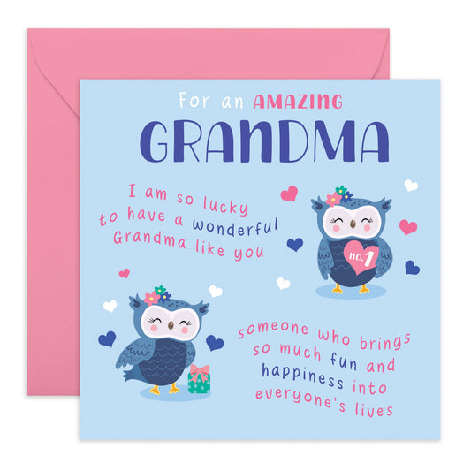 Nan Birthday Card - For An Amazing Grandma Owl - Sweet Birthday Cards For Women - Thank You Card Nanny - Cute Greeting Cards For Nana Granny - Comes With Stickers - By Central 23