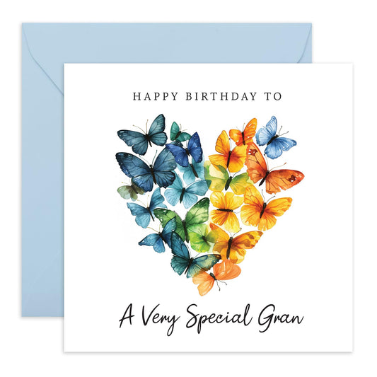 Cute Birthday Card - 'Gran Birthday Butterfly' - Presents for Mimi, Nana, Grandma, Grandmum, Grandmother, Grandmama - Heart Shaped - Comes with Fun Stickers