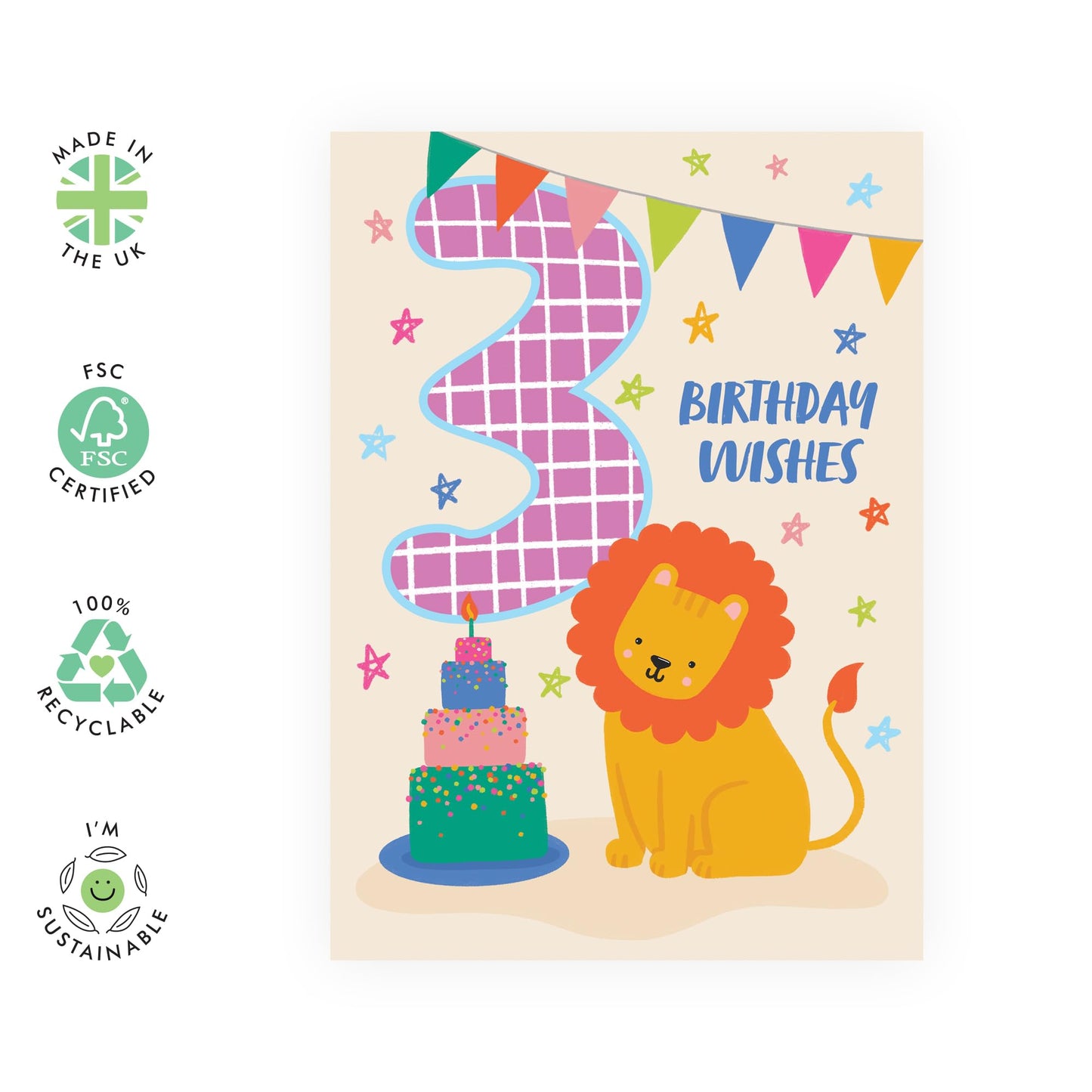 Kids Birthday Cards Age Three - Bday Cake Lion - 3rd Birthday Cards For Girls Boys Toddlers - Gifts For Son Daughter Niece Nephew Godson - Happy Third Bday Card - Comes With Stickers By Central 23