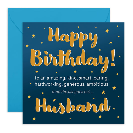Appreciation Birthday Card - 'Birthday Stars Husband' - Gifts for Hubby, Darling, Babe, Other Half, Fathers, Pops, Old Man, Daddy, Him, Husband - From Wife - Comes with Fun Stickers