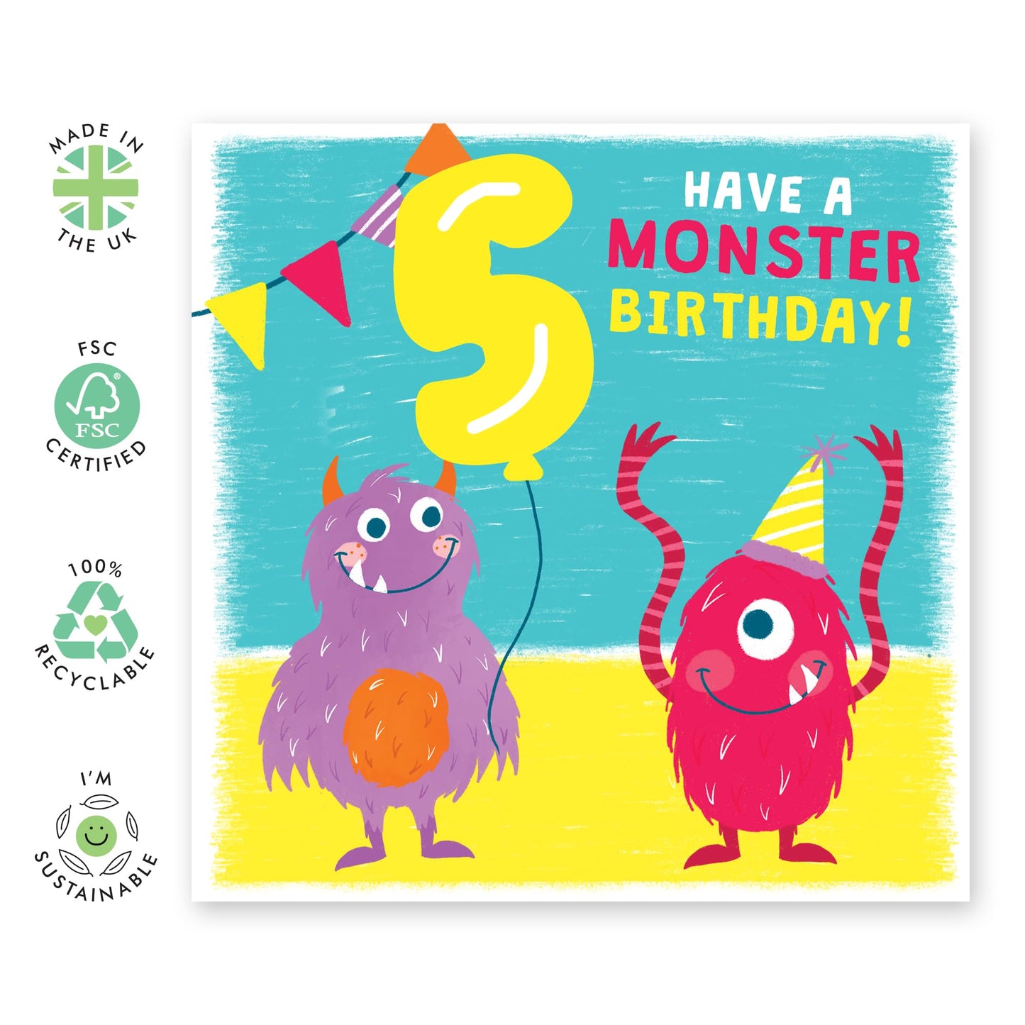 5th Birthday Card Boy Girls - Party Monsters - Happy Birthday Card For Kids - Fifth Bday Milestone Gifts For Son Daughter Nephew Niece Grandson - Age Five - Comes With Stickers By Central 23