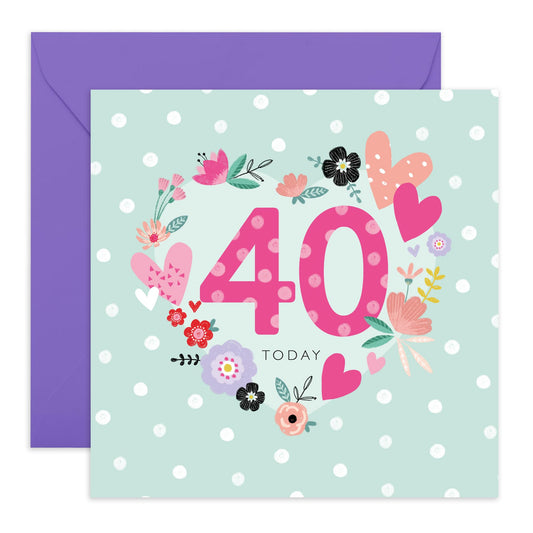 40th Birthday Card For Wife - 40 Mint Polka Dots - Floral Birthday Card For Mum - Sister - Bday - Happy Fortieth Birthday Greeting Card Female Friends - Comes With Stickers By Central 23