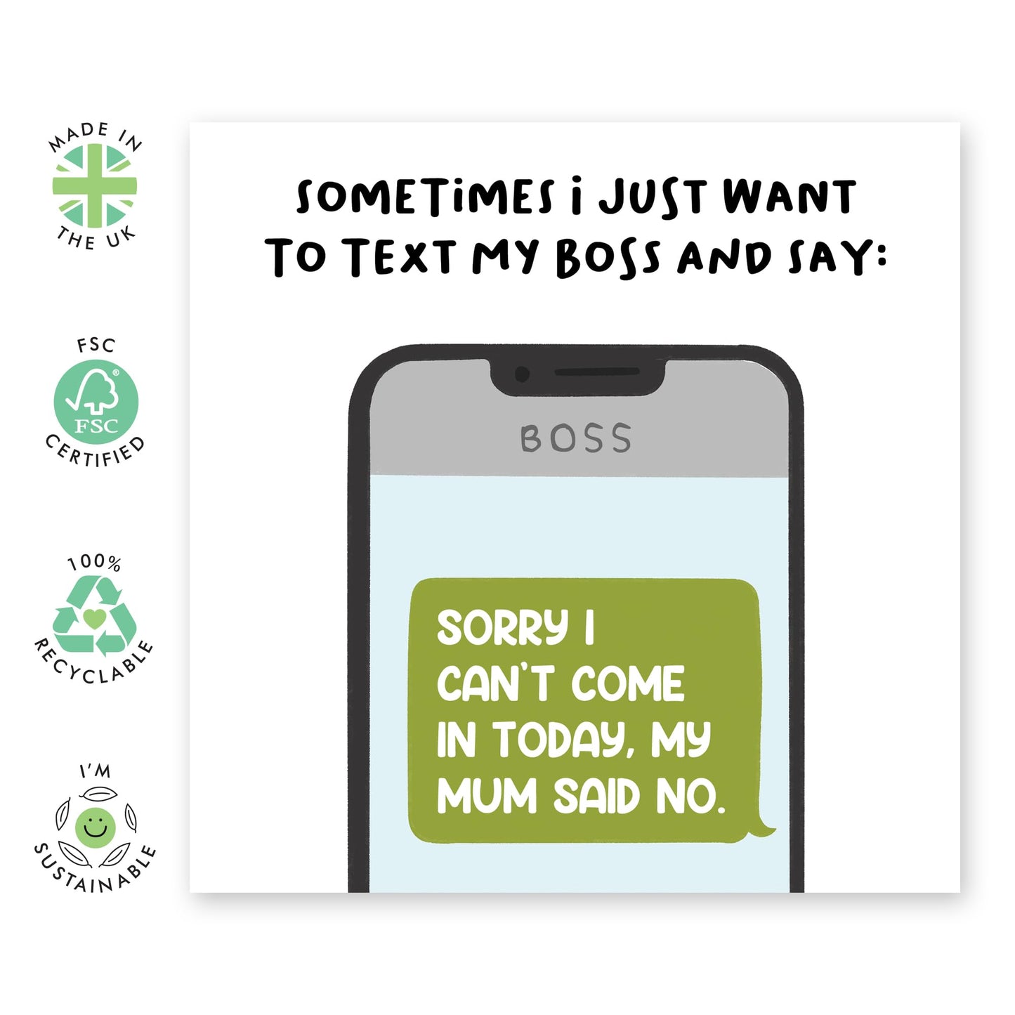 Hilarious Greeting Card About Work - 'Sorry Can't Come In Mum Said No' - Jokes for Colleagues, BFF, Besties, Office Mates,Work Mate, Bruv - Making Work Fun - Comes with Fun Stickers