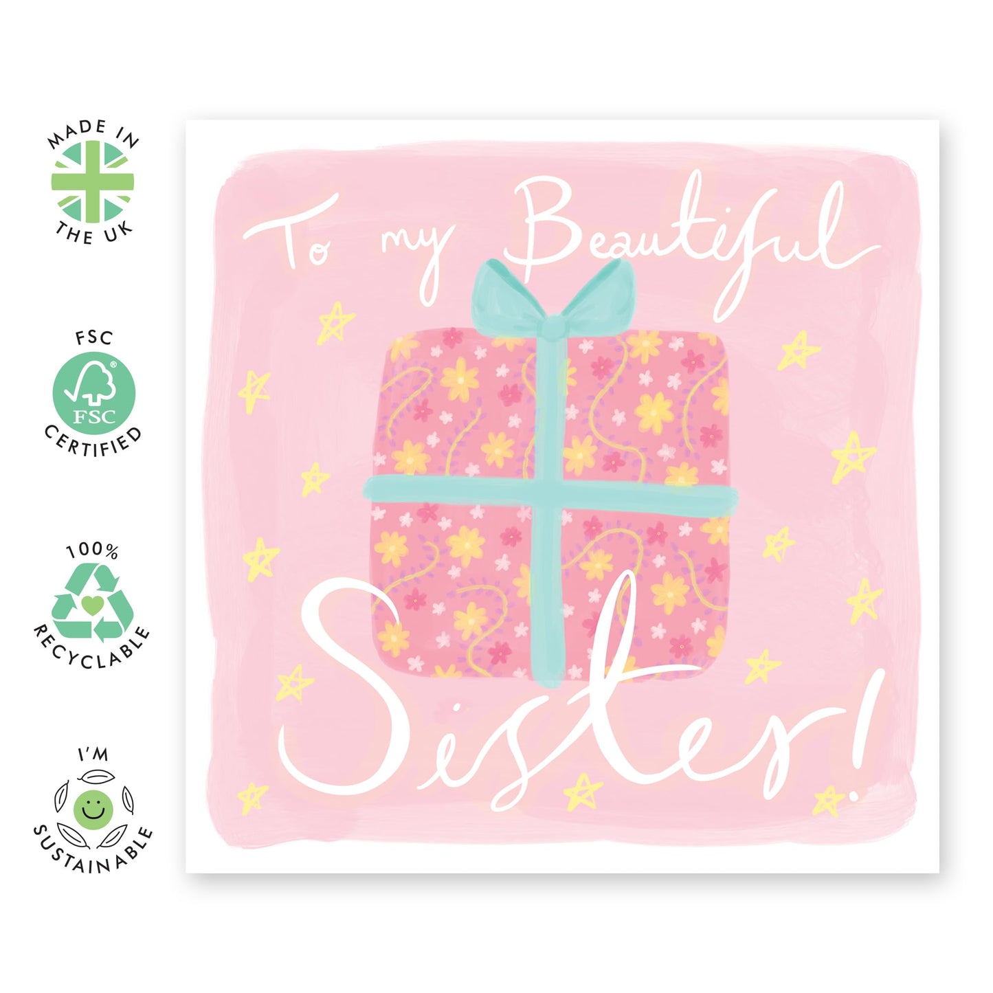 Appreciation & Birthday Card - 'Beautiful Sister' - Gifts for Sis, Sibling, Ladies, Girls, Besties, Best Friends, BFF, Co-workers, Colleagues, Her - Pink Present - Comes with Fun Stickers
