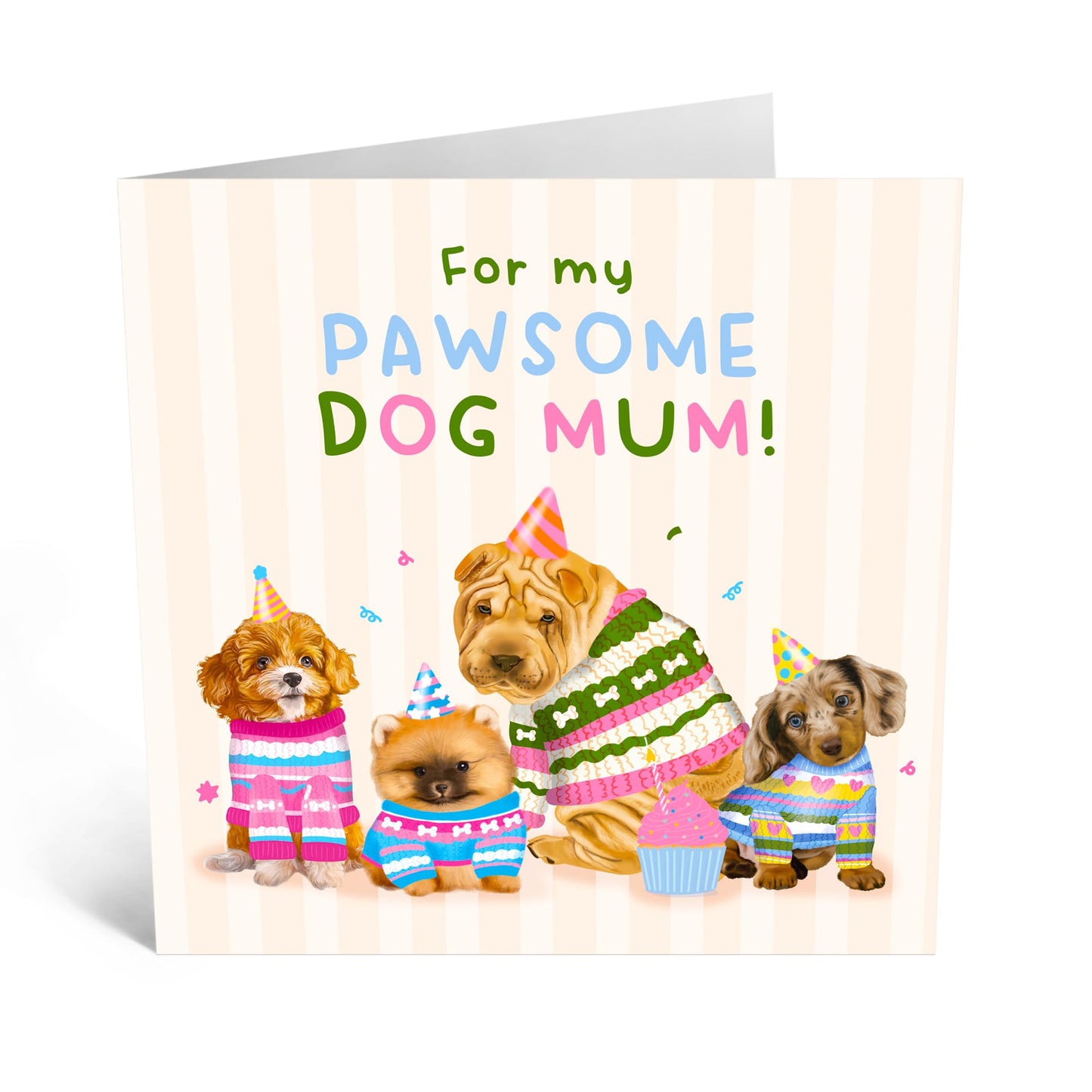 Adorable Dogs Birthday Card - 'Pawesome Mum' - Gifts for Fur Mums, Best Friend, BFF, Colleagues, Co-worker, Animal, Pet Lover - Bday Hats - Comes with Fun Stickers