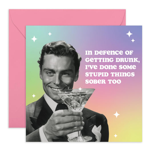 Drunk Greeting Card - 'Defending Drunk' - Laughs for Drinking Buddies, Friends, Pub Guys, BFFs and Workmates - More Drinking Less Problems - Comes with Fun Stickers