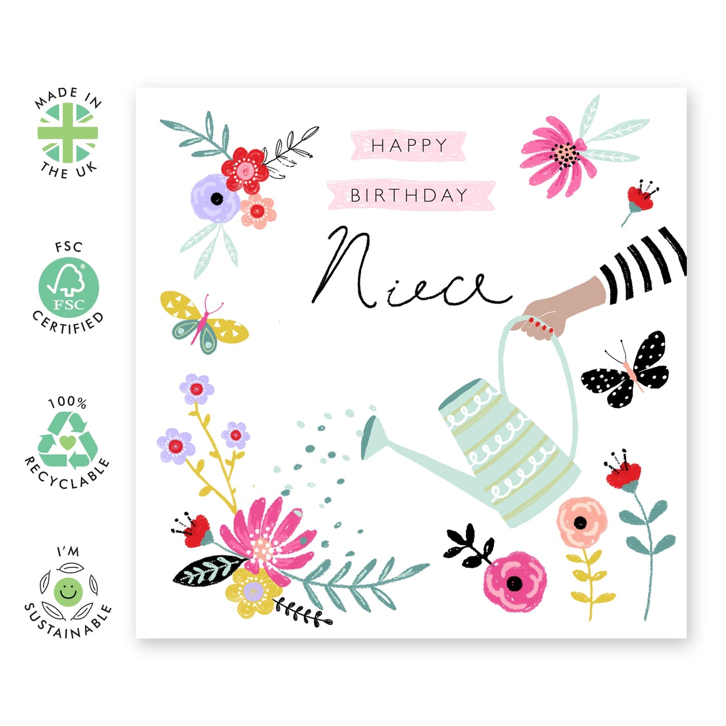 Floral Birthday Card For Niece - Watering Can - Flower Cards And Envelopes - Sweet Greeting Cards For Women Female Girls - Gifts For Her - Comes With Stickers By Central 23