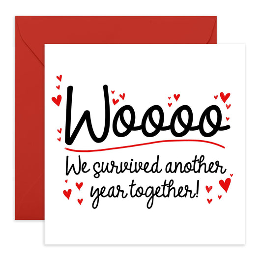 Anniversary Card For Couple - Woooo Survived Another Year Together! - Wedding Anniversary Card For Husband Wife Partner - Copper Bronze - Love Gifts For Him Her - Comes With Stickers By Central 23
