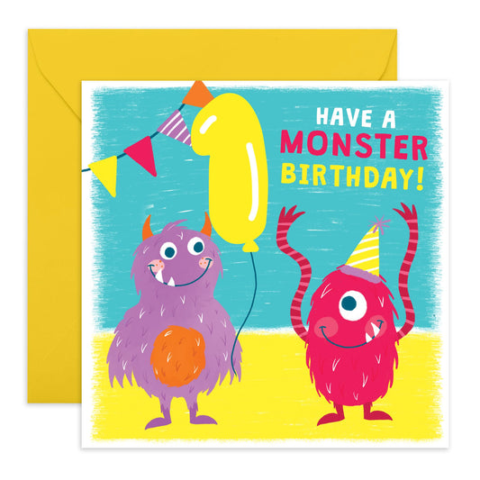 1 Year Old Birthday Card For Boy Girls - Party Monsters - Happy Birthday Card For Kids - First Bday Milestone Gifts For Son Daughter Nephew Niece Grandson - Age One - Comes With Stickers By Central 23