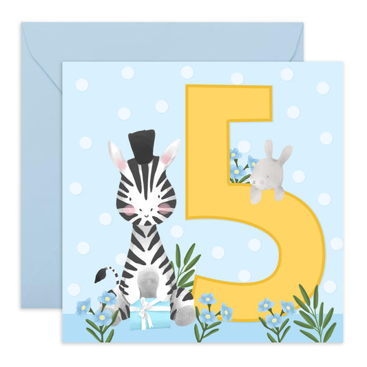 Boy Birthday Card - 5th Bday Boys - Cute Animals Elephant - Fifth Birthday Card - Milestone Age Card Five Year Old - Gifts For Toddler Kids Grandson Nephew - Comes With Fun Stickers - By Central 23