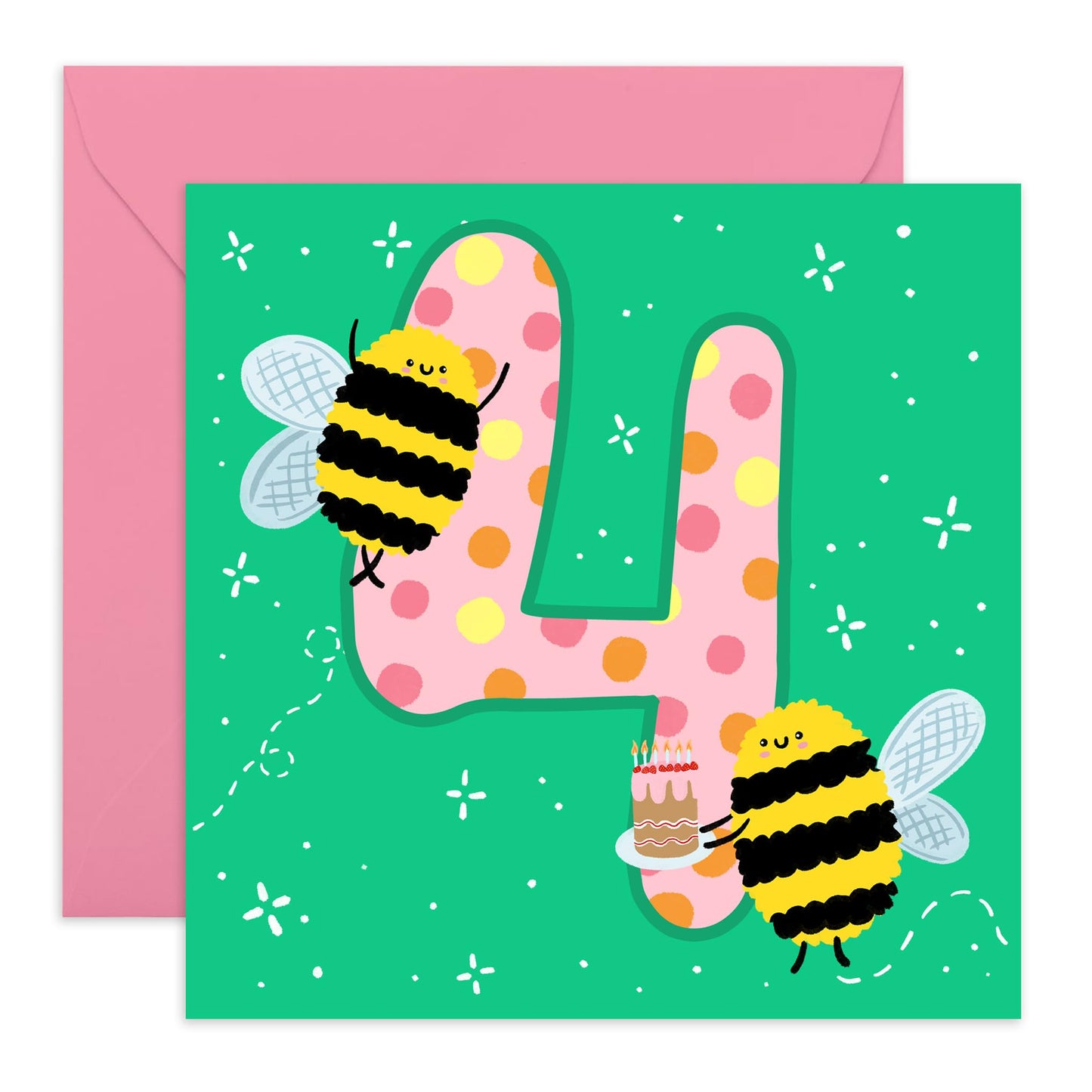 4th Birthday Card Boy Girl - Happy Birthday Cards For Kids Four Year Old - Forth Birthday Cards For Son Daughter - Toddler Milestone Age Cards Green - Bee Gifts - Comes With Stickers By Central 23