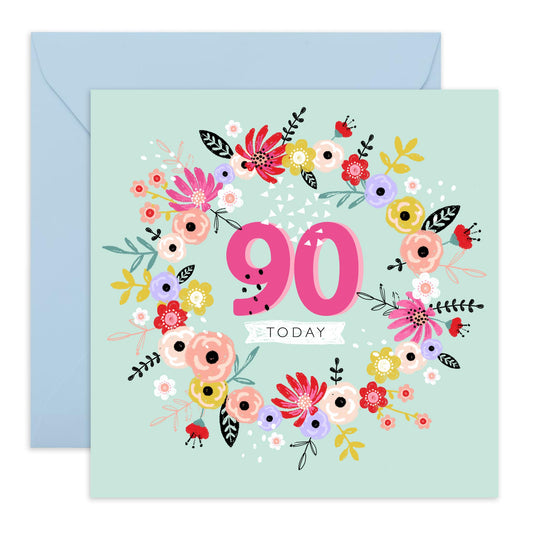 90th Birthday Card For Women - Flower Cards For Her - Nan Birthday Card Age Ninety - Elegant Floral Milestone Cards - Gifts For Nan - Comes With Cute Stickers By Central 23