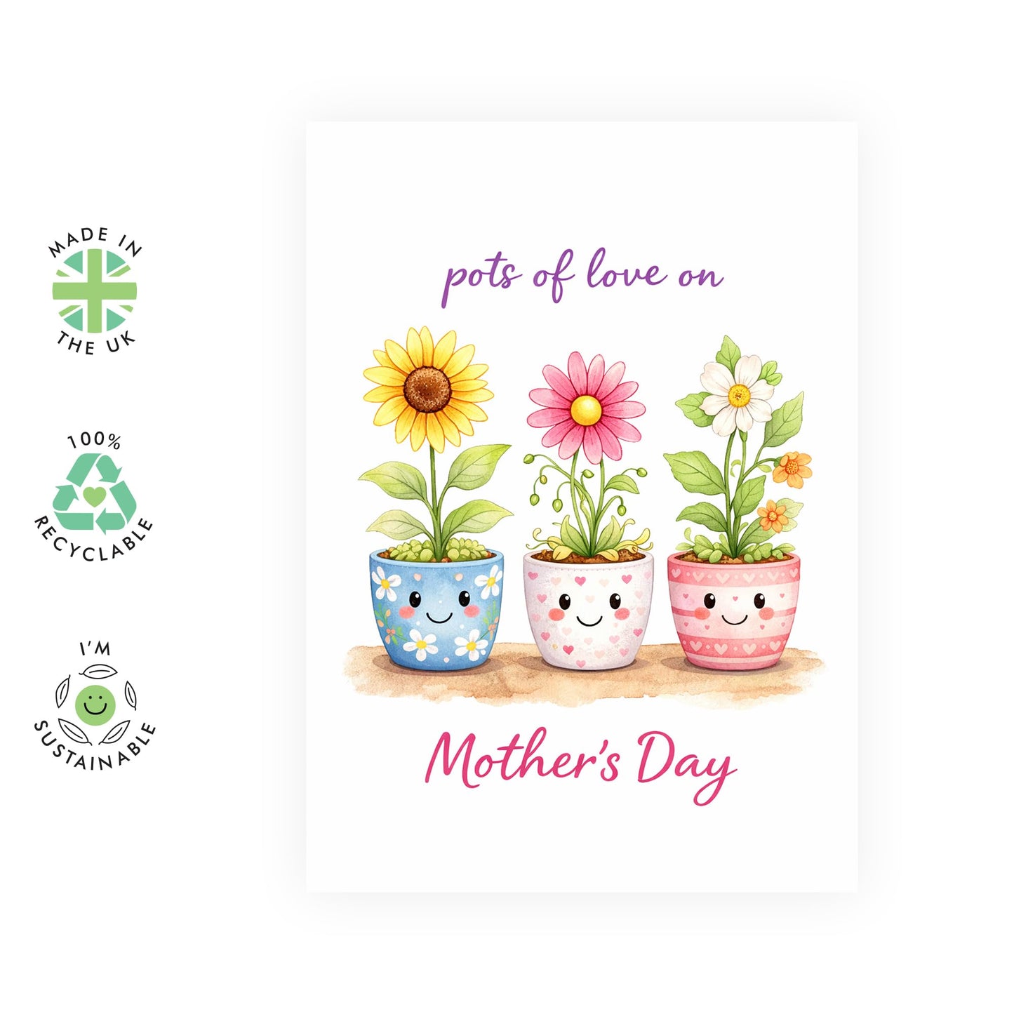 Adorable Mother’s Day Card – "Pots of Love On" - Cute Greeting for Mum Mama Mums Mummy Step Mother Aunt Grandma Sister Her Women – Sweet and Colourful - Comes with Stickers