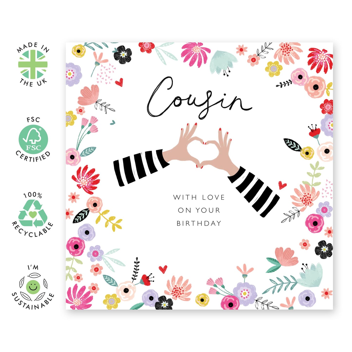 Happy Birthday Card For Cousin - With Love On Your Birthday - Heart Hands - Birthday Greeting Cards And Envelopes For Her Ladies Female - Gifts For Women - Comes With Fun Stickers - By Central 23