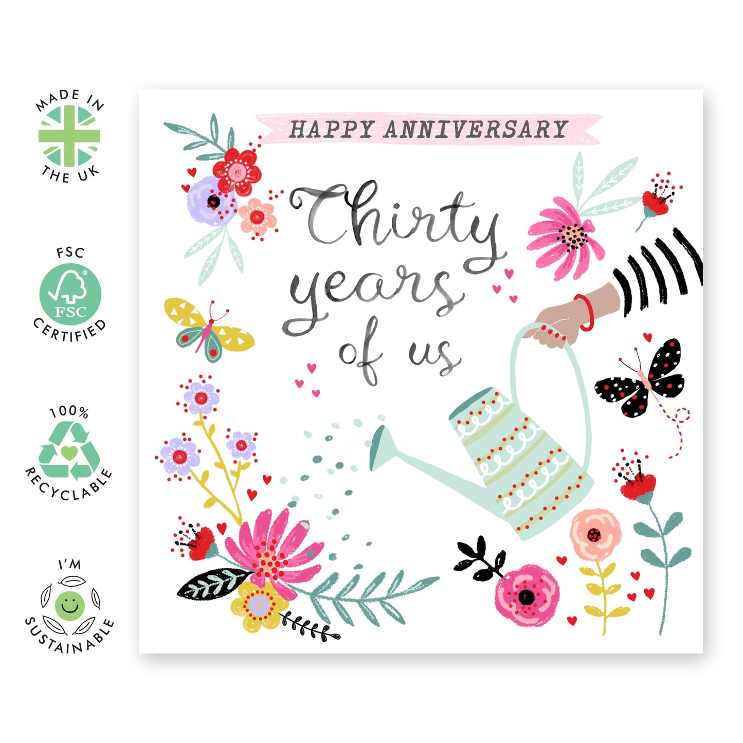 30th Wedding Anniversary Card Garden - 'Thirty Years Of Us Watering Can' - Gifts for Wife, Husband, Spouse, Partner, Parents, Mum, Dad - Lifetime Relationship - Comes with Fun Stickers