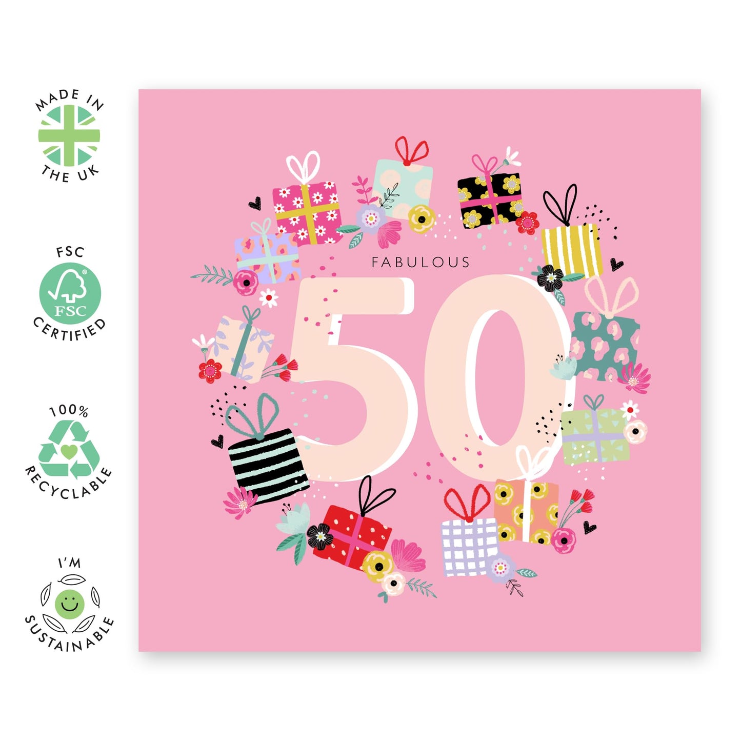 50th Floral Birthday Card For Her - Fabulous 50th Presents - Mummy Birthday Card - Gift For Wife Mum - Happy Fiftieth Birthday Greeting Card Female Friends - Comes With Fun Stickers By Central 23