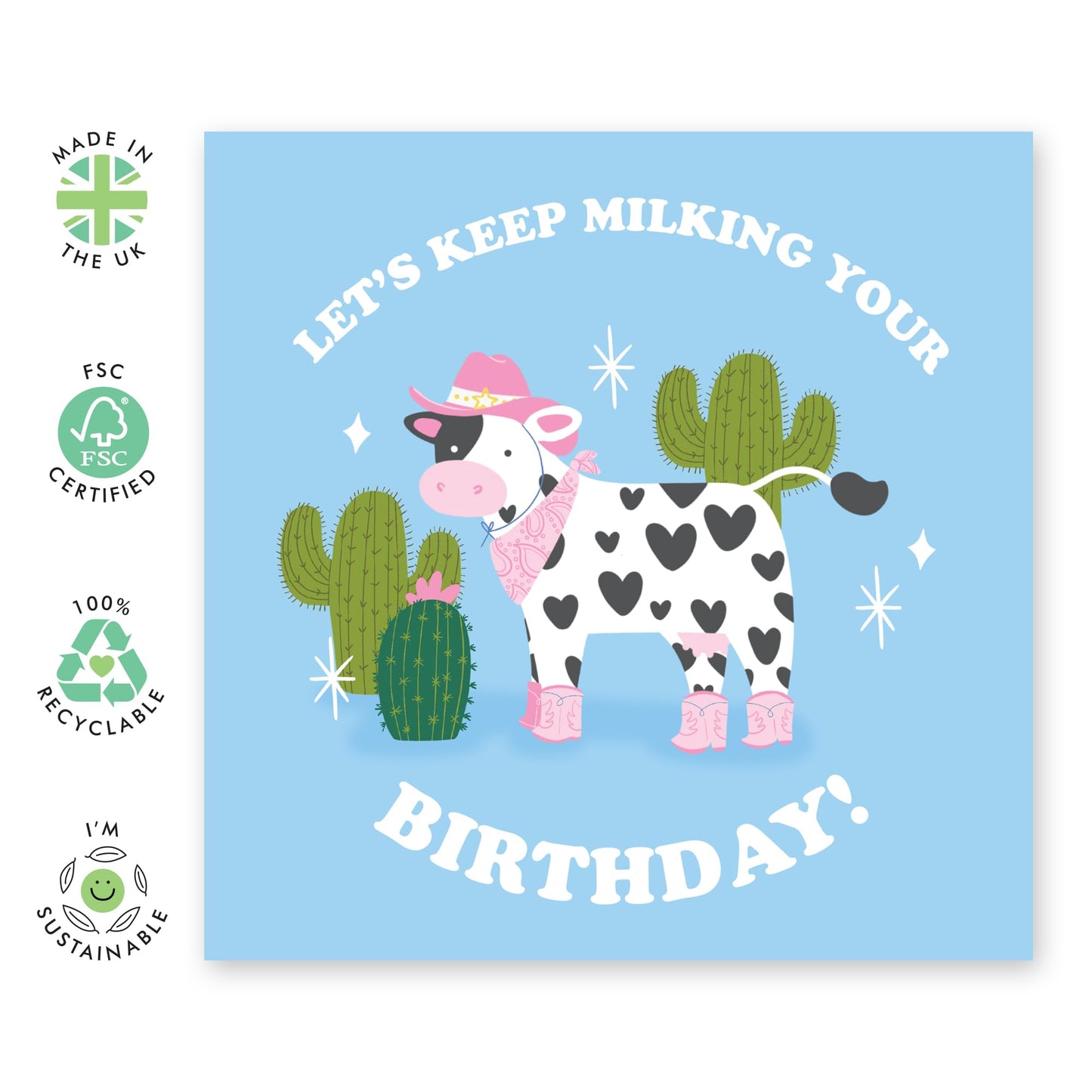 Funny Cow Birthday Card – “Keep Milking” – Humorous and Playful Greeting for Sister, Friends, Besties, BFF, Collegues, Coworker, Her, Girls, Women - Farm Animals - Comes with Fun Stickers
