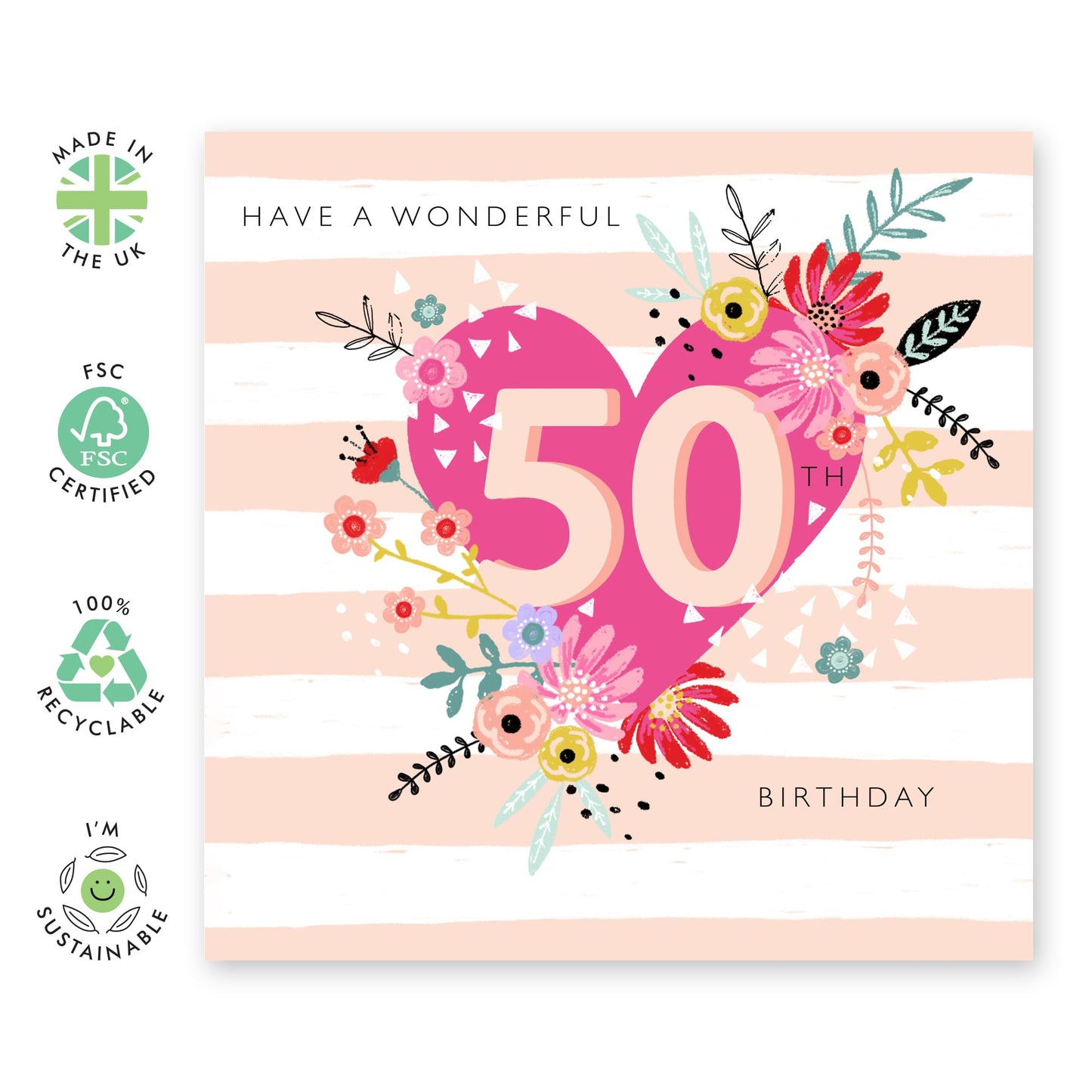 Floral Birthday Card For Women Age 50 - 50th Floral Heart - Happy 50th Birthday Cards For Mum Mummy Wife - Gifts For Friends Aunt Auntie - From Son Daughter - Comes With Fun Stickers By Central 23