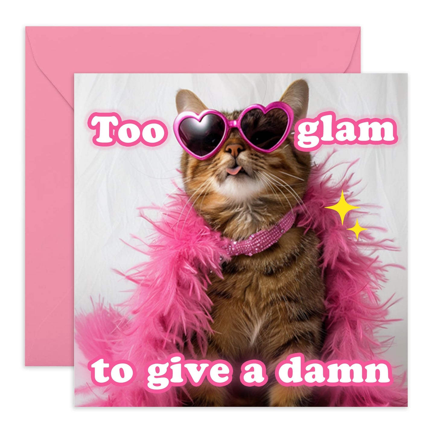 Cat Greeting Card - 'Too Glam To Give A Dam*' - Quirky Gift for Besties, Best Friend, Girlfriends, Gals, Sisters, Mum - Fabulous Cat - Comes with Fun Stickers