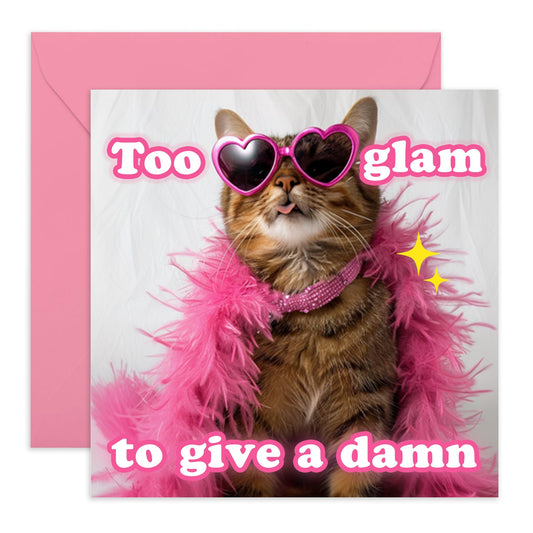 Cat Greeting Card - 'Too Glam To Give A Dam*' - Quirky Gift for Besties, Best Friend, Girlfriends, Gals, Sisters, Mum - Fabulous Cat - Comes with Fun Stickers