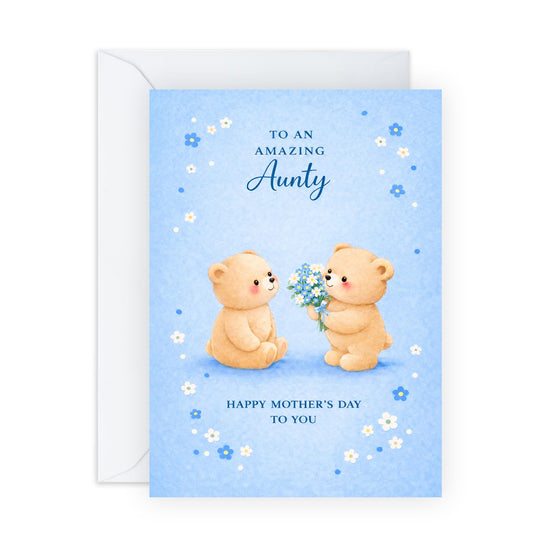 Aunty Mother’s Day Card – Cute Floral Blue Teddy Bears - Greetings for Her Ladies Women Family from Nephew Boys Family - Sweet Illustrated Auntie Cards - Comes with Sweet Stickers