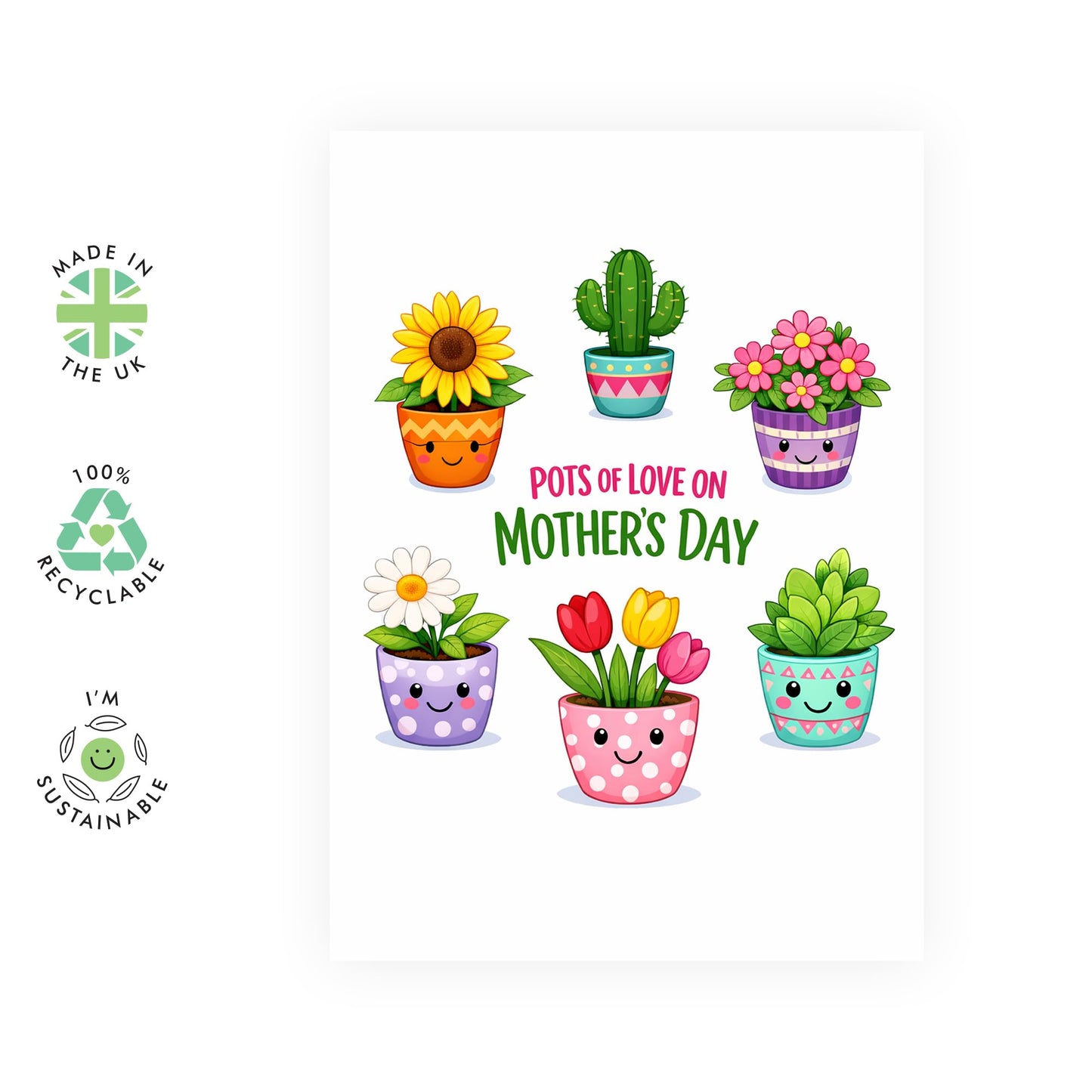 Flowers Mother’s Day Card – Cute Flower Pots Mum Mama Mummy Ma Wife Women Ladies Her From Son Daughter Kids Husband – Colourful Plant Lover Greeting - Comes with Sweet Stickers