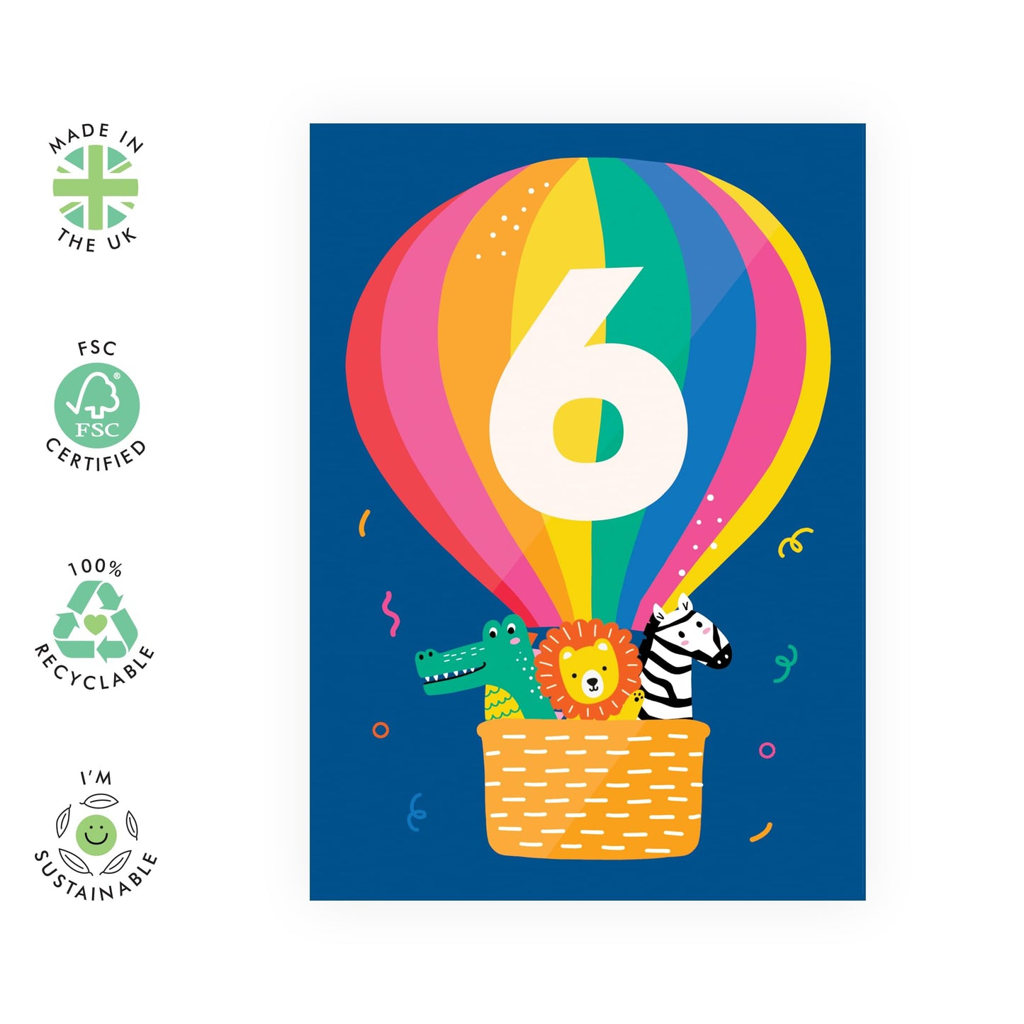 Sixth Birthday Card For Boys Safari - 6th Birthday Card Girl - Alligator Lion Zebra - Hot Air Balloon - Age Six - 6 Years Old - Kids Birthday Card - Comes With Stickers - By Central 23