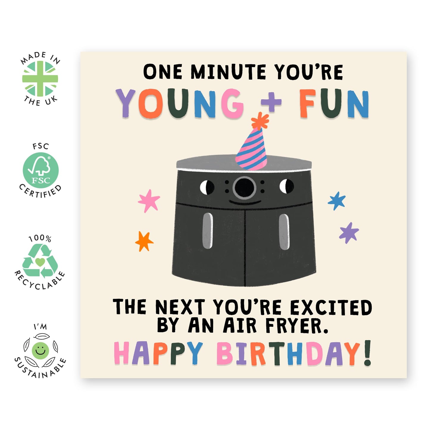 Birthday Card with Joke About Aging – 'Young & Fun to Air Fryer Excitement' – Gifts for Foodies, Cooks, Him, Her, Auntie, Uncle, Wife, Girlfriend – Comes with Fun Stickers