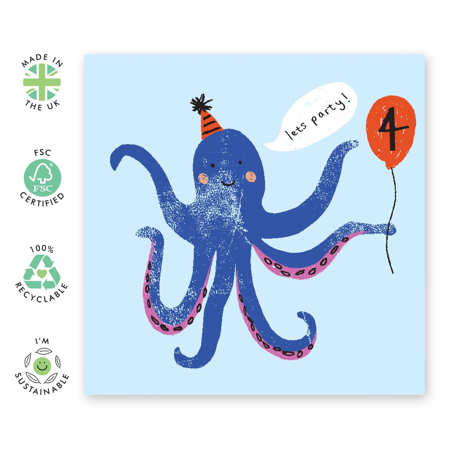4th Birthday Card For Boys - Let's Party Octopus Age 4 - Happy Birthday Greeting Cards For Kids Age Four - Fourth Bday Gifts For Son Grandson Nephew - Comes With Fun Stickers By Central 23